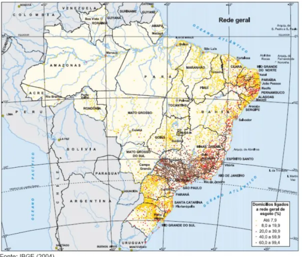 Figura 1.2.3 - Cobertura por rede de esgotos sanitários, segundo as Cidades. Brasil, 2000