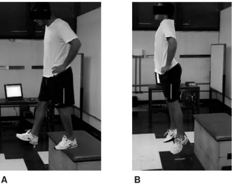 Figura 4  –  Protocolo de saltos: A- Preparacao para o salto, B- Salto vertical. 