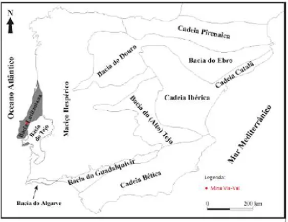 Figura 2.2 - Unidades morfo-estruturais da Península Ibérica com destaque para a Bacia Lusitaniana, e  identificação da mina (adapt