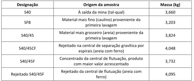 Tabela 5.1 – Designações das seis amostras estudadas, origem da amostra e peso 