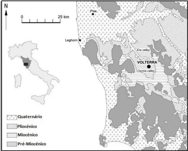 Figura 2.9 – Exemplo de bacia com Pliocénico marinho da região da Toscânia (Volterra-Era) alongada  segundo NW-SE in  B ATTAGLIA  et al.,  2011: fig 1.