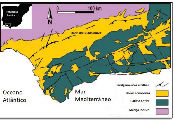 Figura  2.17  –  Carta  geológica  sintética  da  Bacia  do  Guadalquivir  e  região  envolvente  in B ELAÚSTEGUI  &amp;  M UÑIZ , 2016: 133, fig