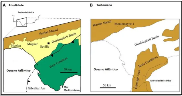 Figura  2.18  –  Carta  geológica  sintética  da  Bacia  do  Guadalquivir  (A)  e  paleogeografia  durante  o  Tortoniano (B) in L ARRASOAÑA  et al., 2014: fig