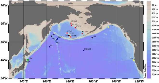 Figure 1.4 - Location of the main Drilling Sites in the North Pacific. Red – IODP Exp