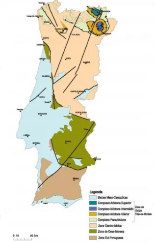 Figura 2.4- As 5 regiões tectono-estratigráfica do território continental português; Fonte: Duarte &amp; Bento dos  Santos, 2010