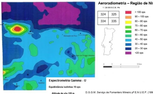 Figura 2.8- Carta aeroradiométrica de espectrometria gama de urânio, região de Nisa; Fonte: Alves de Campos,  2002