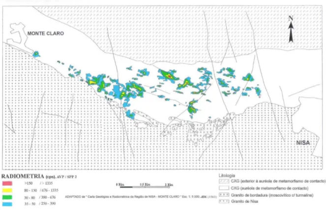 Figura 2.9- Enquadramento geológico e radiometria na área do jazigo de Nisa; Fonte: Alves de Campos, 2002