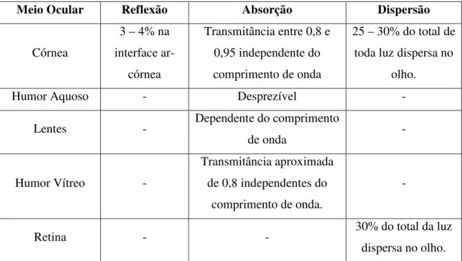 Tabela 2: Perdas luminosas no olho. 