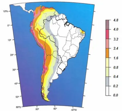 Figura 2.5 – Mapa de perigo sísmico na América do Sul (Assumpção e Neto, 2000) 