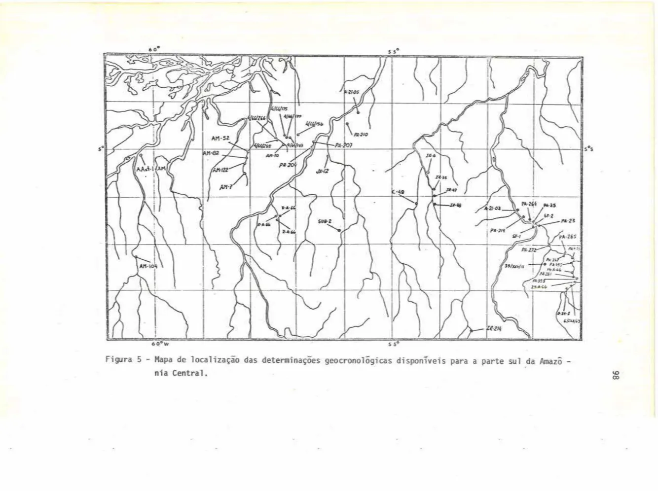 Figura  5  -  Mapa  de  localização  das determinações  geocronolõgicas  disponiveis  para  a parte sul  da  Amazô  -
