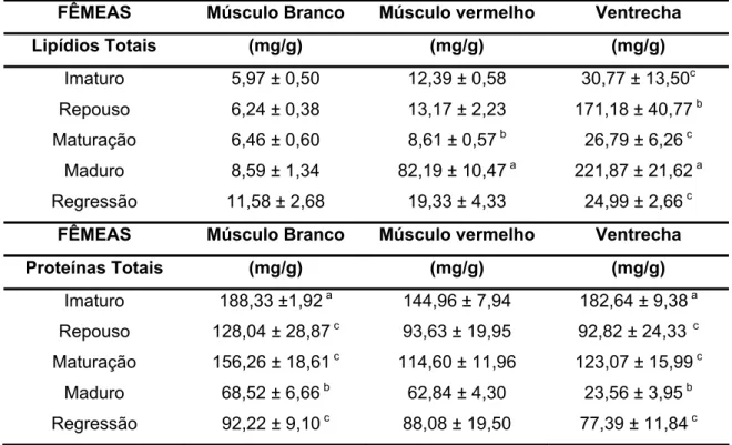 Tabela 02: Dados de lipídios e proteínas totais da musculatura branca,  vermelha e ventrecha de fêmeas de Arapaima gigas ao longo do ciclo  reprodutivo