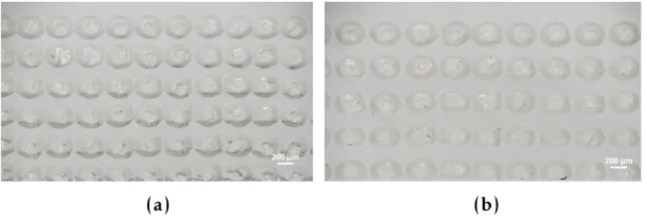 Figure 3.6: Microscope acquired images of the fabricated molds. (a) Mold designed with diameter = 200 µm and pitch = 150 µm