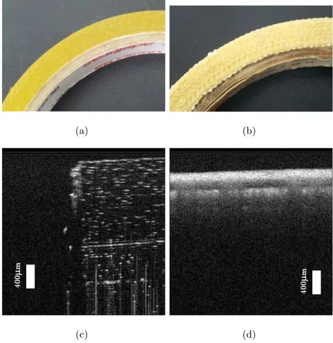 Figura 4.2: Imagem da amostra e OCT da amostra de (a-c) Fita adesiva transparente, (b-d) Fita dupla-face