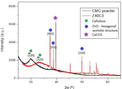Figure 4.10: XRD di ff ractogram of CMC powder and Z40C3.