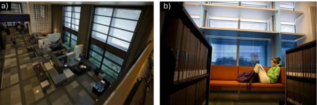 Figure 1.2. EC windows developed via PVD techniques installed by a) VIEW in W San Francisco  Hotel, USA [20] and b) SAGE Electrochromics in Library of , While Bear Lake, MN, USA [21] 