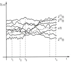 Figura 2 Ű Processo estocástico interpretado como uma família de trajetórias (Fonte: MORETTIN; TOLOI, 2006)
