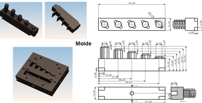Figura 3.26: Projecto do molde desenvolvido para o fabrico de contentores de PDMS. Dimensões do molde em  milímetros
