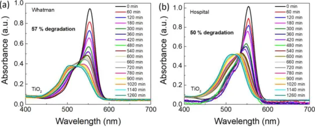 Figure 3.6 – RhB absorbance spectra under simulated solar light radiation (led simulator with AM 1.5 spectrum) up to  21 h for TiO 2  nanostructures grown on (a) Whatman and (b) hospital papers (1 M, 30 min synthesis time) at room  temperature.