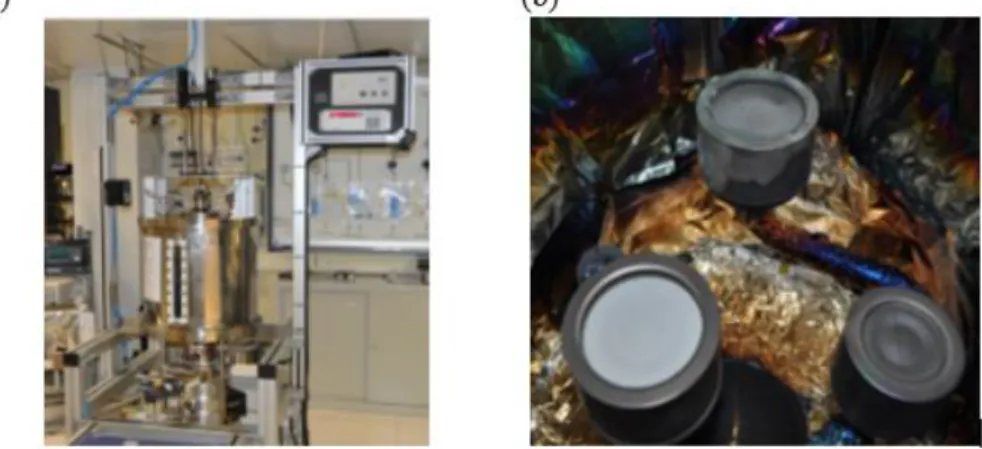 Figure 4: Home-made RF magnetron sputtering system: (a) vacuum chamber exterior; (b) vacuum cham- cham-ber interior with 3 different magnetrons