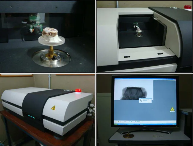 Figura 10 - Microtomógrafo SkyScan 100 kV  – 100 A. Crânio posicionado no dispositivo de  fixação e aparelho em funcionamento adquirindo as imagens através de Raios-X 