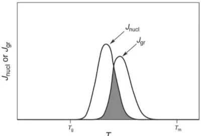 Figure 3. Demonstration of nucleation rate, J nucleation , and rate of crystal growth, J growth ,  in  respect  to  temperature