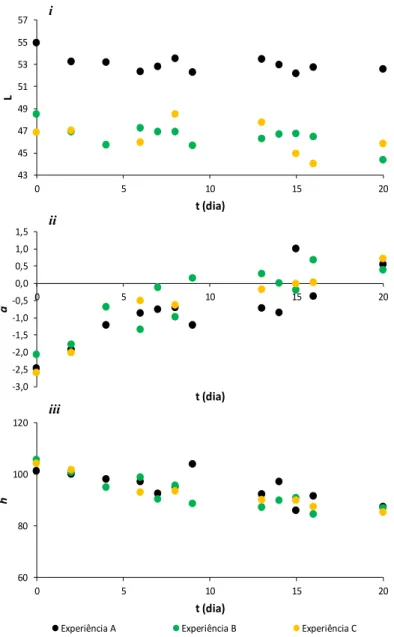 Figura 3.2 Variação dos parâmetros da cor, luminosidade L (3.2i), graduação da cor verde/vermelho a (3.2ii) e  tonalidade h (3.2iii) durante a fermentação de couve branca nas experiências: A – ensaio controlo realizado com  sal de mesa; B – ensaio realizad