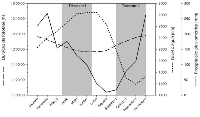 Figura 3  – Média da variação mensal da duração da fotofase e precipitação pluviométrica na cidade  de Manaus  – AM, e nível d’água do rio Amazonas na Amazônia Central, durante os anos  de 20909 e 2010
