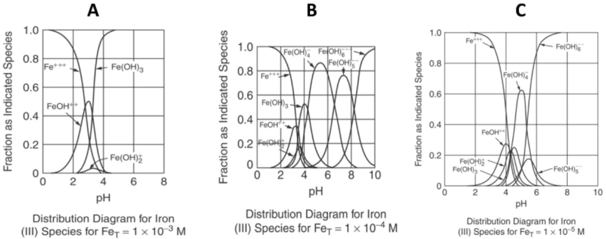 Figura 2.2 Distribuição dos compostos de Ferro formados, consoante a concentração e o pH