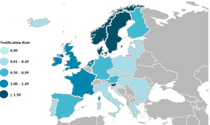Figure 1.3 | Distribution of invasive H. influenzae disease cases per 100,000 population, in each EU/EEA  country, in 2015