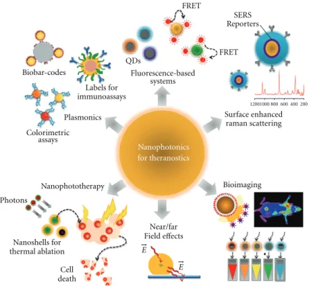Figure 1: Nanophotonics for theranostics. Nanoparticles-based strategies can be used for biosensing using plasmonic nanosensors, such as metal nanoparticles functionalized with nucleic acid strand for colorimetric assays and biobar codes for protein detect