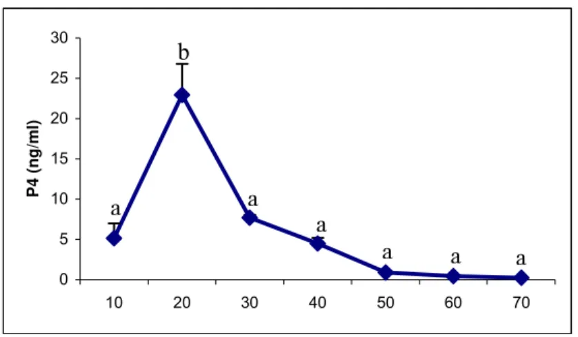 Figura 1: Expressão da progesterona sérica de cadelas sadias ao longo do diestro (10 a 70 dias pós ovulação)