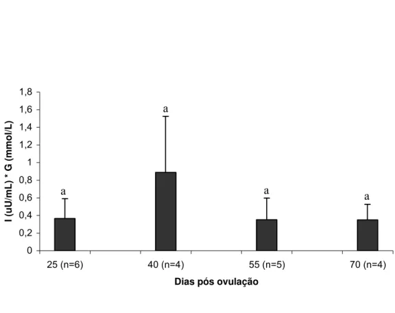 Figura 5: Expressão do HOMA (insulina x glicose % 22,5) de cadelas sadias ao longo do diestro (25, 40, 55 e 70 dias  pós a ovulação)