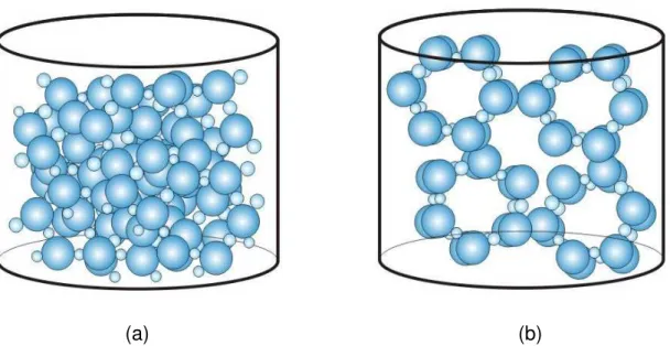 Figura 3.6.  Representação da estrutura molecular da água líquida e do gelo: (a) água, (b) gelo