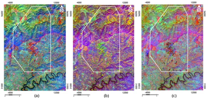 Figure 7. RGB colour composites using the first four Principal Components: (a) PC1-PC2-PC3;