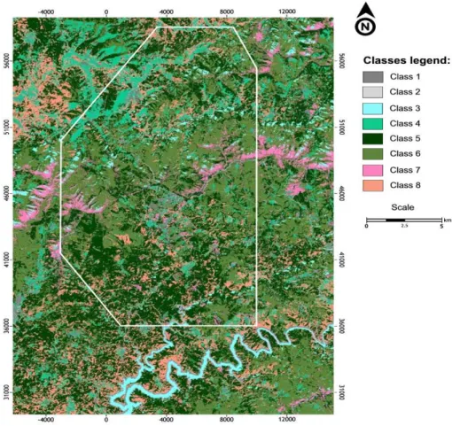 Figure 8. Supervised classification (maximum likelihood) using Landsat 8/OLI bands B2–B8, 8 classes (see text for discussion).