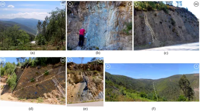 Figure 11. Examples of geological structures or general trends identified in the field that were mapped as lineaments in the preliminary interpretations: (a) rectilinear N 60 ◦ E valley seen from Nossa Senhora da Guia; (b) N 60 ◦ W near-vertical fault, wes