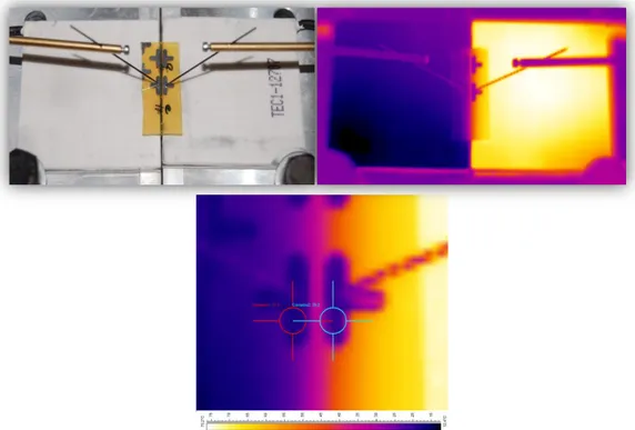 Figura 2.3  –  Fotografia e termografia de uma das amostras com contactos eléctricos de alumínio