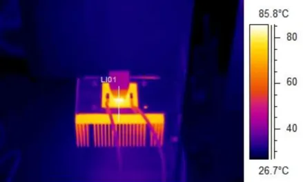 Figura 3.1 - Termografia de uma amostra. A potência aplicada à célula solar durante a captura desta  imagem foi de 100W e a temperatura ambiente cerca de 27°C