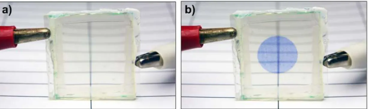 Figure 3.10 Prototype of Inkjet printed lab-test EC window in a) bleached and b)  colored state