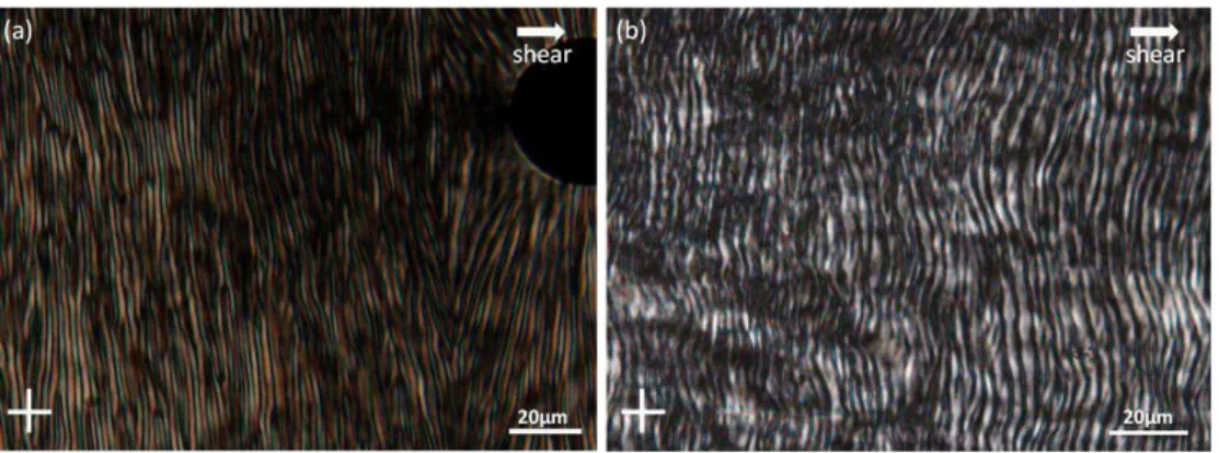 Figure 3.2 - Transmission polarizing optical microscopy images, taken between crossed polarizers of films of  HPC from the suppliers (a) Sigma Aldrich and (b) Alfa Aesar, prepared from aqueous solutions of 60% (w/w) 