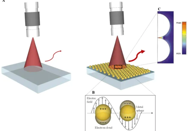 Figure 1.2 – A) Schematic representation of Raman analysis (right side) and SERS with metal NPs (left  side); B) Illustration of  LSPR effect; C)  Electromagnetic enhancement for dimer configurations of two  spheres