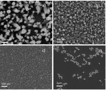 Figure 3. 5 – SEM images of ZnO NRs synthesized with different pH values: a) 7; b)  9; c) 11; d) 12