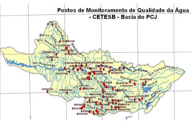 Figura 9.1 - Bacia dos rios Piracicaba/Capivari/Jundiaí e os postos de monitoramento da  qualidade da água 