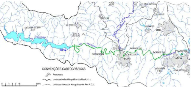 Figura 10.2 - Localização dos pontos de monitoramento no rio Piracicaba  Fonte: adaptado IRRIGART (2007a) 