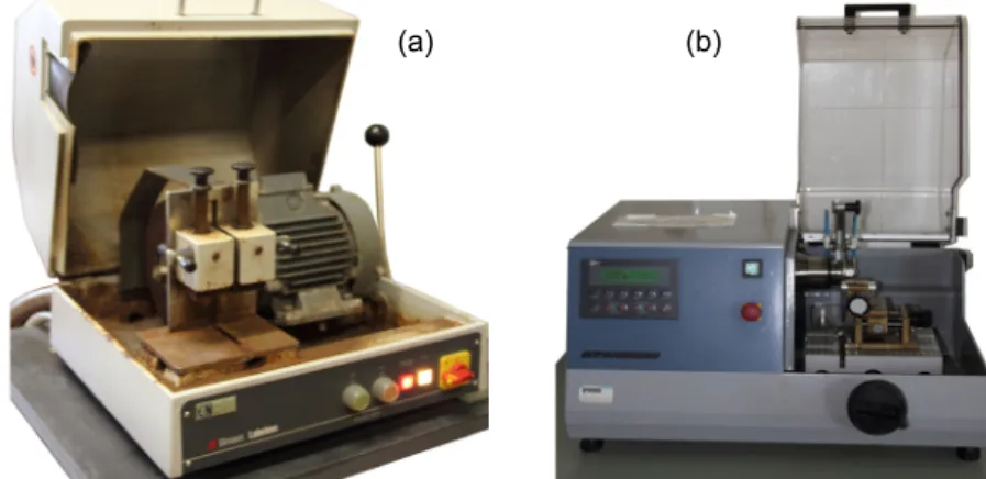 Figura  II.8 −  Máquinas de  corte utilizadas: a) Labotom da  Stuers ; b) ATM Brilliant 221