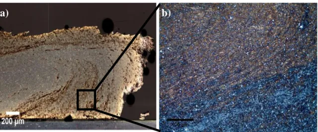 Figure 4.14 – P1 deposited layer micrographs. a) Retreating-Top and b) Advance-Middle