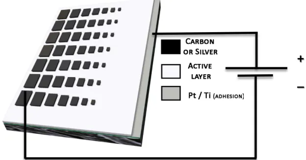 Figure 2.1 Schematic representation of the architecture adopted in this work and their conections to the Agilent  B1500A Semiconductor parameter analyzer 