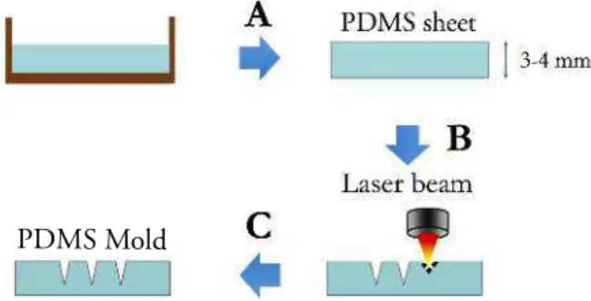 Figure 2.1: Schematic fabrication process of PDMS mold using the laser technique, adapted from L