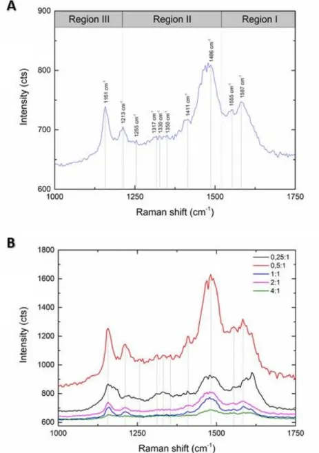 Figure 3.4 - Raman spectra of PANI 2:1 OM ratio with peak analysis (A) and different PANI OM  ratios synthesized (B)