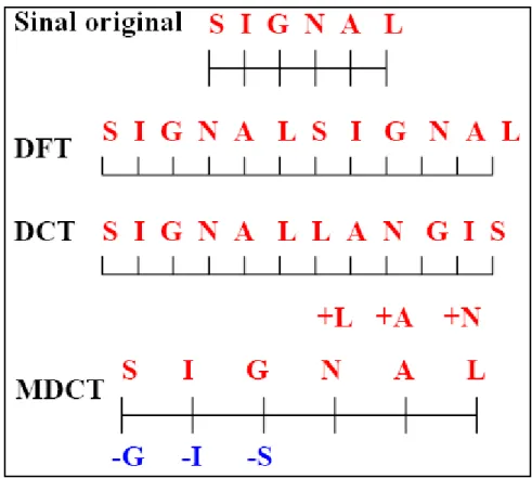 Figura 3.2 – Representação mnemônica de um sinal e de suas transformadas, adaptada  de (Yaroslavsky e Wang, 2000)
